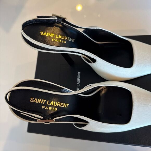Saint Laurent YSL Ines Slingback Buckle Ivory & Black Leather Heels 40 EU 10 US - Picture 3 of 10